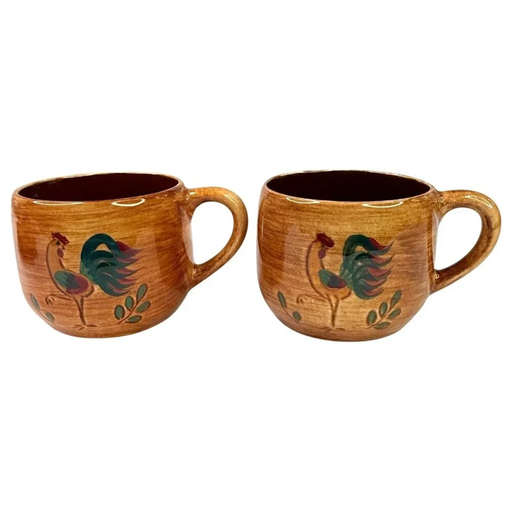 2 Pennsbury Pottery Red Rooster Cup And Saucer‎ Sets Chicken Folk Art Farmhouse
